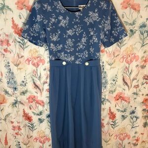 Vintage Blue Embellished Buttoned Sheath Midi Dress